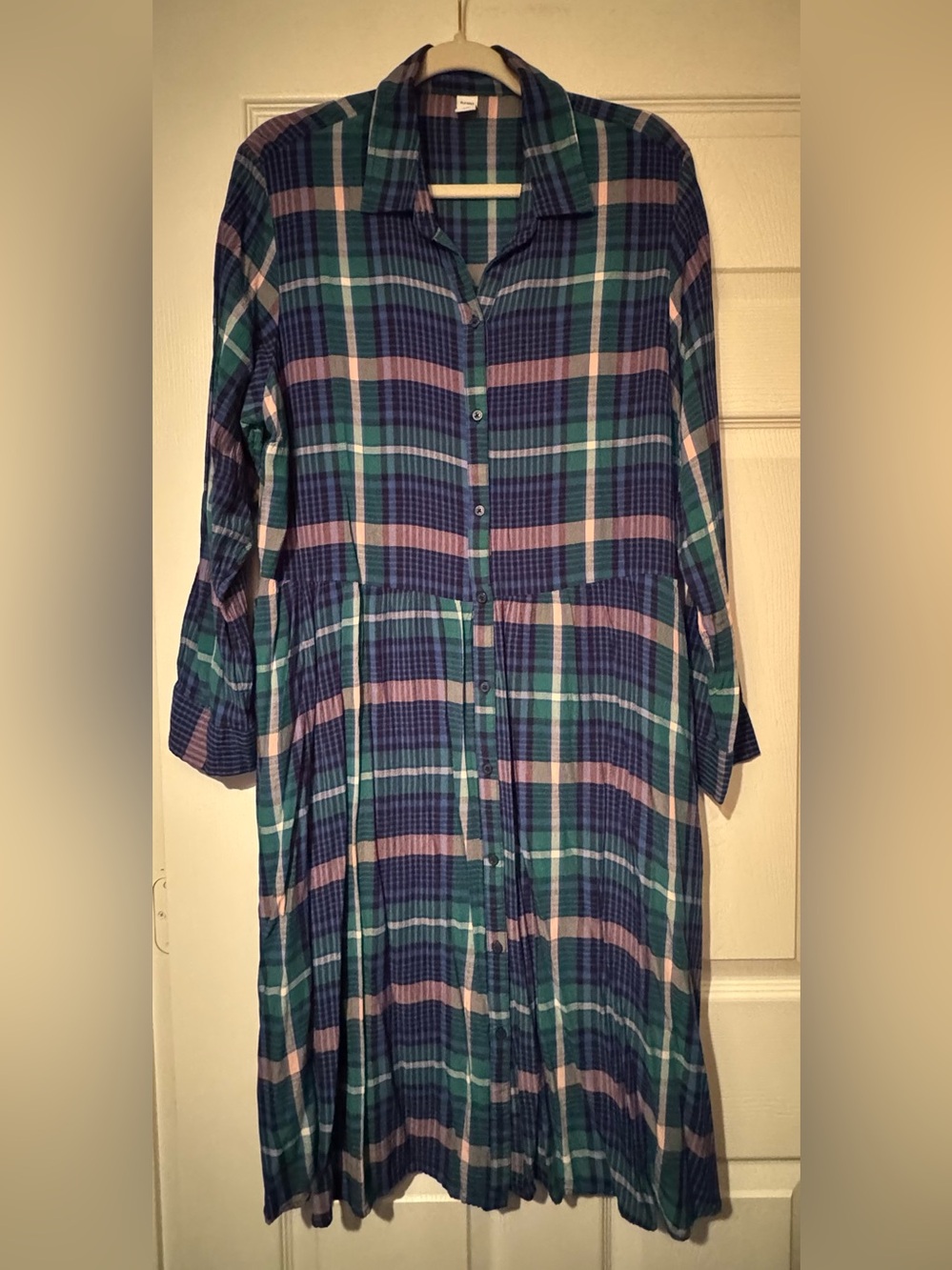 Old Navy Sz XL Blue, Green & Pink Plaid Button-Up Dress or Duster